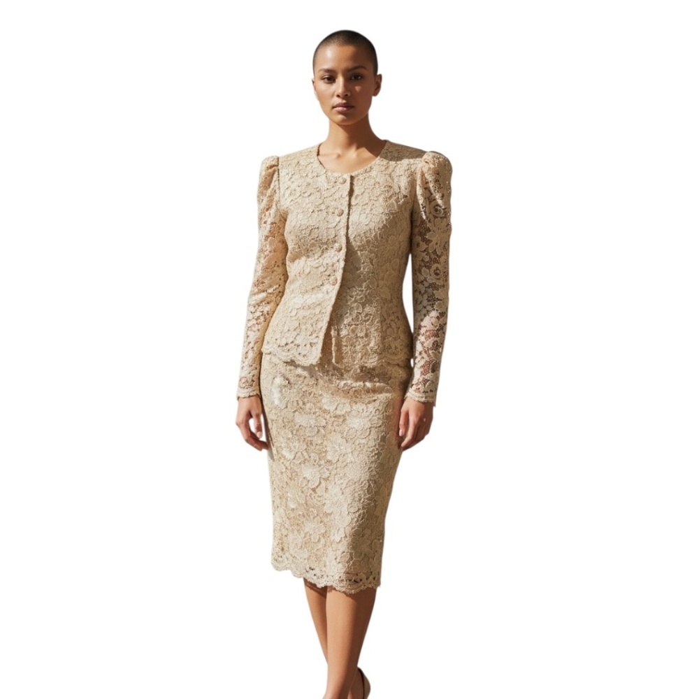 VINTAGE LISA MICHAELS GOLD LACE SEE THROUGH Women's SKIRT SUIT, SIZE 14